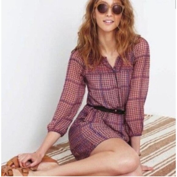 Madewell Dresses & Skirts - Madewell Women's Size 6 Silk Peasant Mini Dress Retrogrid Print Long Sleeve